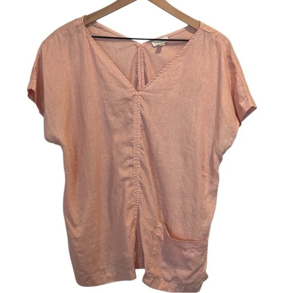 Garnet Hill V-Neck Linen Boxy Tee, Blush Pink, Short Sleeves, Lightweight, Sz S - Picture 2 of 12